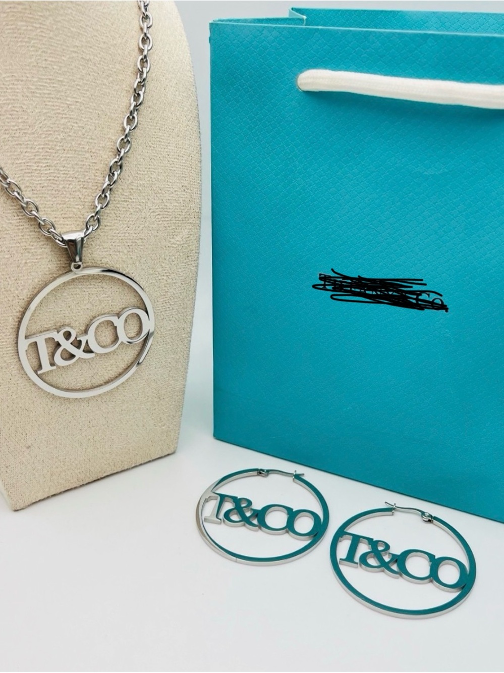 Stainless steel Silver-Tone Circle Logo Necklace with Teal Hoop Earrings